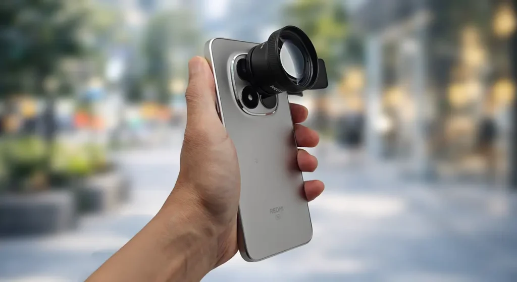 Redmi Note 15 Pro 5Gに外付け望遠レンズを装着し、街中で撮影性能を検証している様子（手持ちカット）