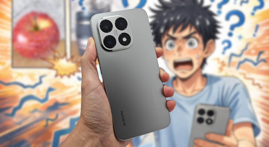 Xiaomi 15Tの背面を手に持った写真（背景にピントが合わず混乱する漫画風演出／近距離AF不調のイメージ）