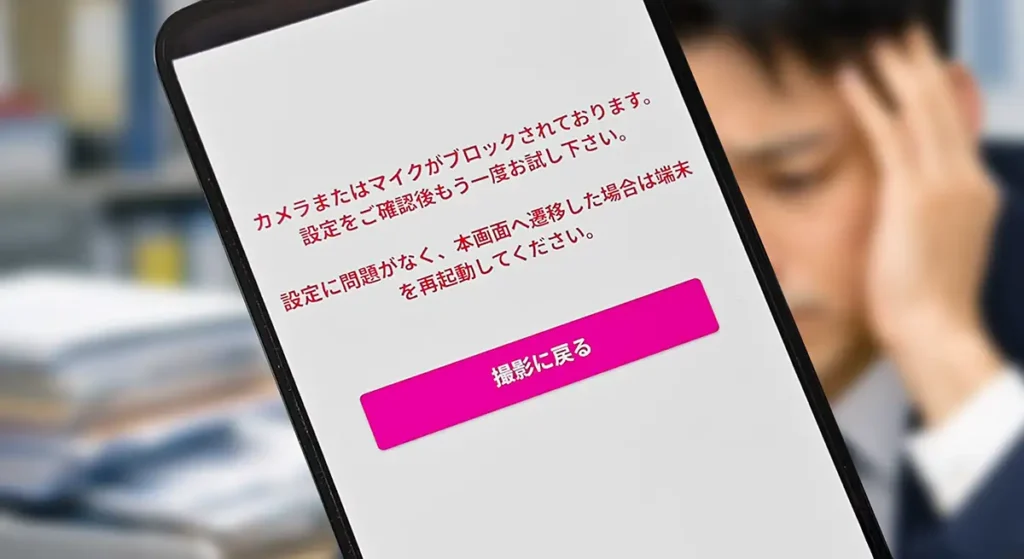 Chromeで「カメラまたはマイクがブロックされております」と表示され、撮影に戻るボタンが表示されたスマホ画面
