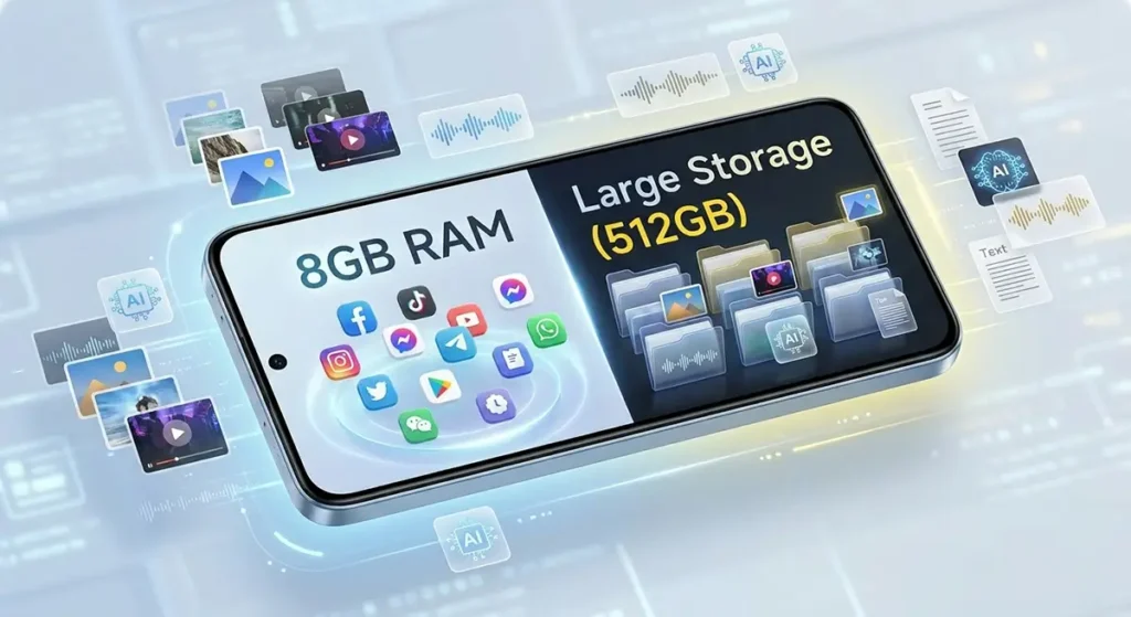 POCO X8 Proの8GB RAMと512GBストレージ構成、AIデータやアプリを大量保存できるイメージ図