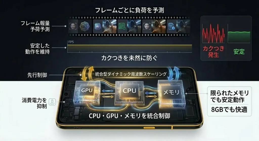 POCO X8 ProのWildBoost最適化、フレームごとの負荷予測とCPU・GPU・メモリ統合制御の仕組み