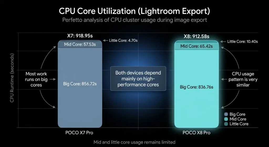POCO X8 ProとPOCO X7 ProのLightroom書き出し時CPUコア使用率比較。ビッグコア中心の処理傾向を示したグラフ
