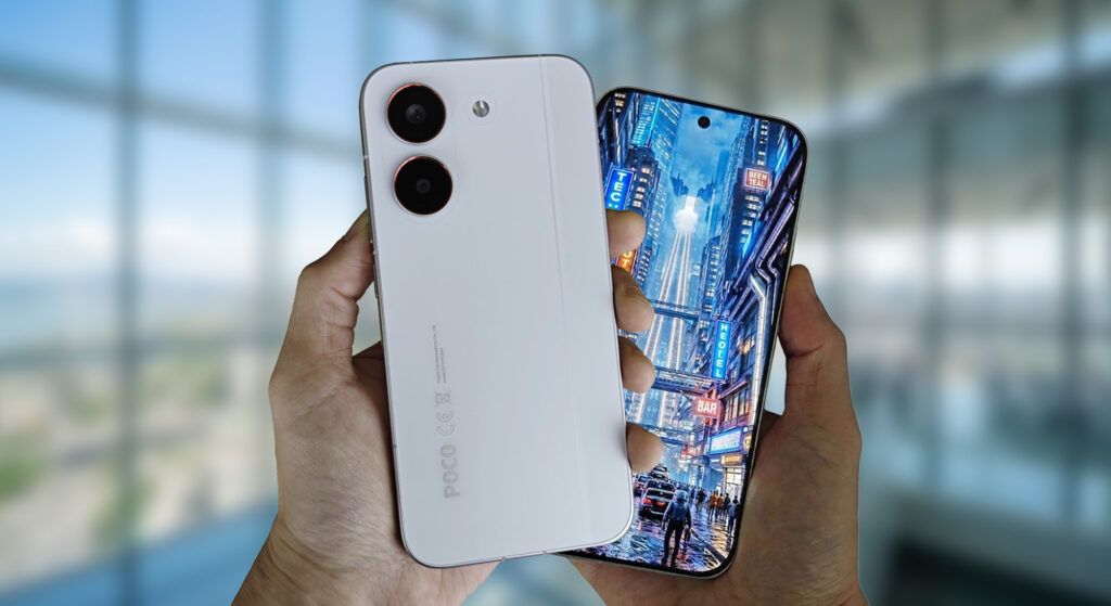 POCO X8 Pro ホワイト 手持ち 背面デザインとディスプレイの没入感を同時に確認できる外観