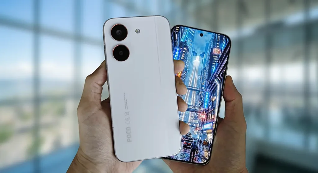 POCO X8 Pro ホワイト 手持ち 背面デザインとディスプレイの没入感を同時に確認できる外観