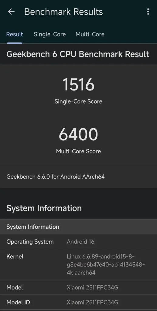 POCO X8 ProのGeekbench 6 CPUベンチマーク結果。シングルコア1516点、マルチコア6400点を表示した画面