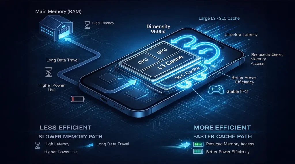 L3キャッシュとSLCキャッシュによりメモリアクセスを削減。高速処理と省電力を両立するSoC構造