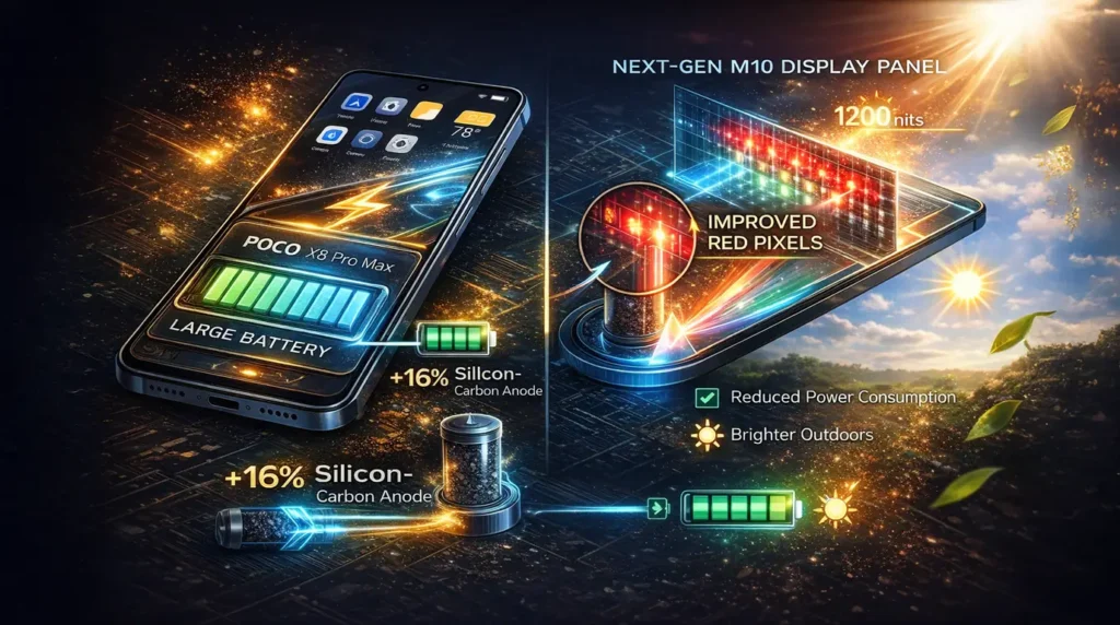 POCO X8 Pro Maxの省電力設計。16%シリコンカーボン電池とM10ディスプレイで長時間駆動を実現