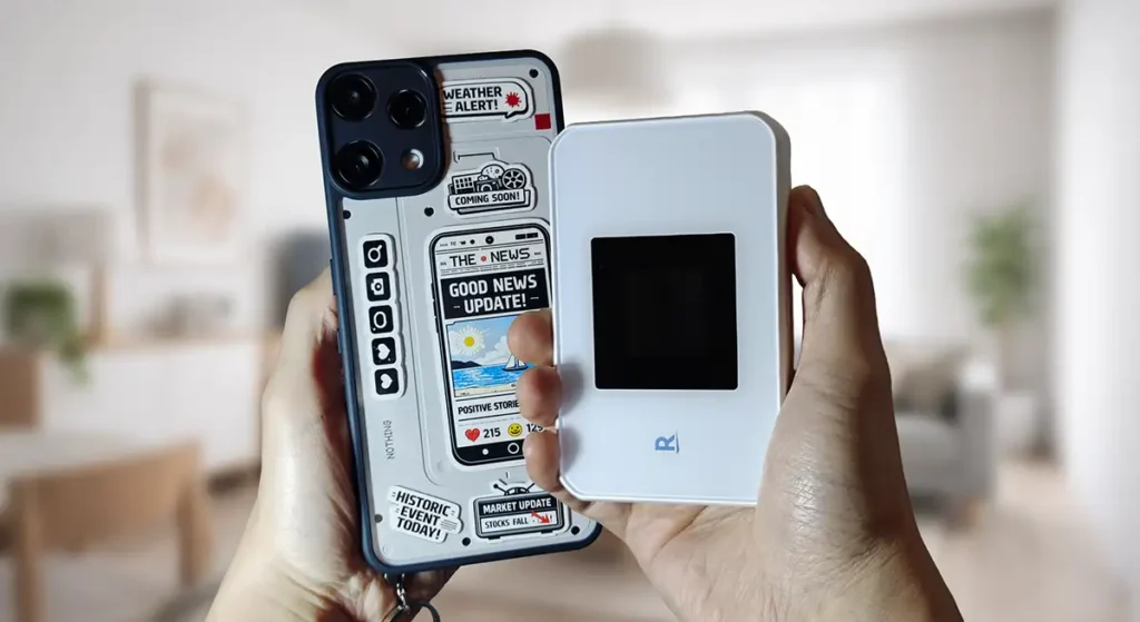 スマホテザリング vs Rakuten WiFi Pocket 5Gの比較イメージ。手に持ったスマートフォンと白いRakuten WiFi Pocket 5Gを並べ、屋内利用シーンを表現した写真