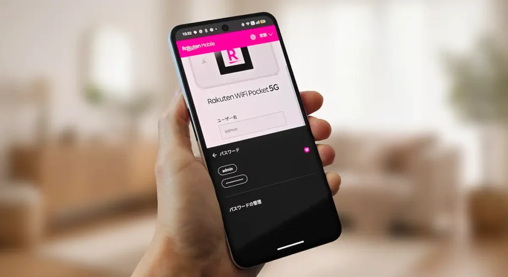 Rakuten WiFi Pocket 5Gのログイン画面をスマートフォンで開いているイメージ