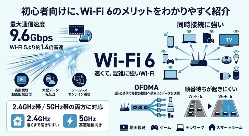 Wi-Fi 6のメリットを紹介する図。2.4GHz帯と5GHz帯に対応し、同時接続や混雑時の安定通信に強い無線LAN規格を解説