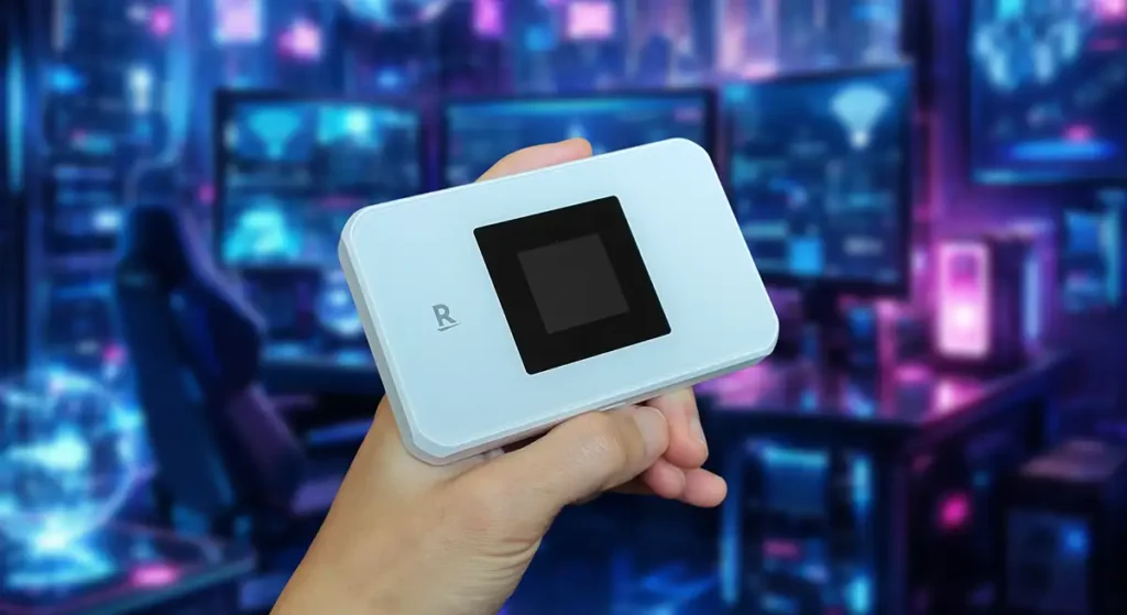 Rakuten WiFi Pocket 5Gを手に持ち、5GHz対応の高速Wi-Fi環境をイメージしたメインビジュアル