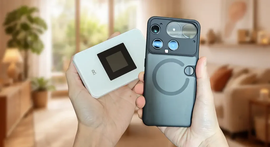 Rakuten WiFi Pocket 5GのeSIMをスマホへ移すイメージ。楽天モバイル回線の再設定に使うモバイルルーターとスマートフォンを手に持った様子