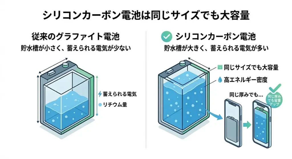 グラファイト電池とシリコンカーボン電池の容量比較 同じサイズでも大容量になる仕組み