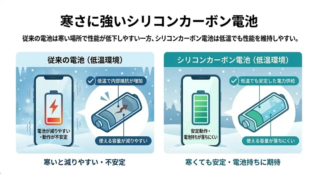 低温環境でのバッテリー性能比較 シリコンカーボン電池は寒さでも安定して動作