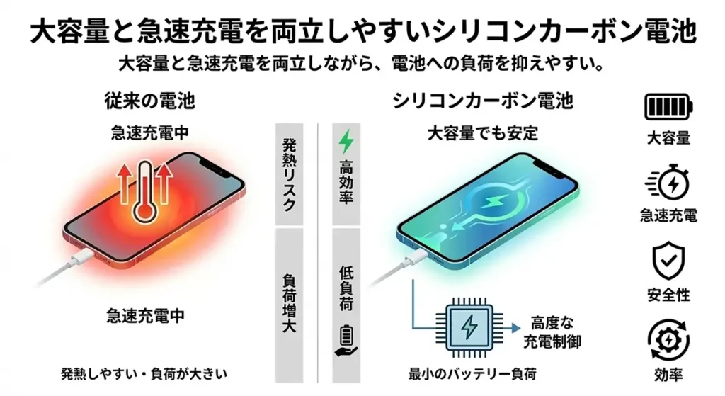 シリコンカーボン電池は急速充電時の発熱と負荷を抑えつつ高効率で充電できる仕組み