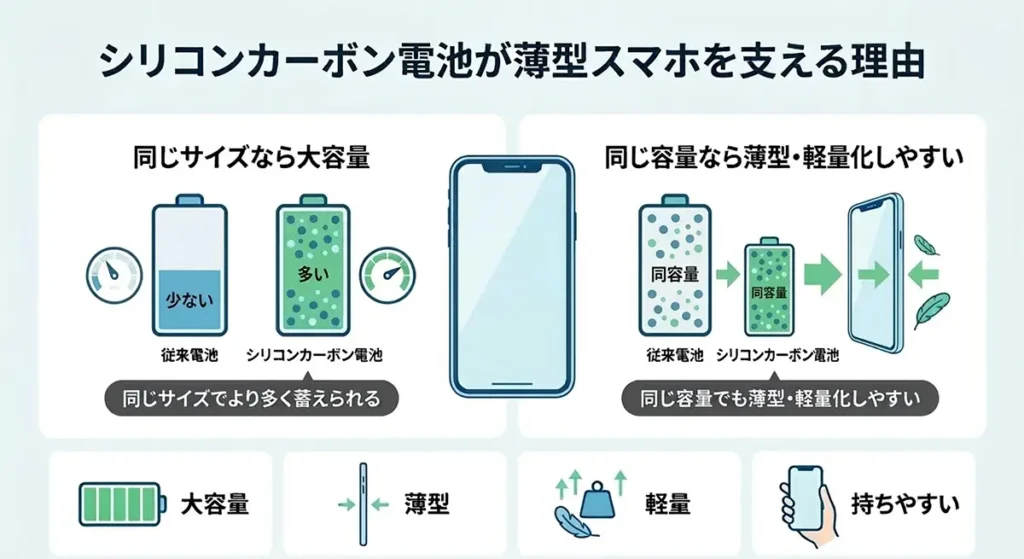 シリコンカーボン電池により同容量でも薄型軽量なスマートフォン設計が可能になるイメージ