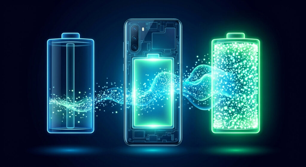 シリコンカーボン電池の高エネルギー密度によりスマートフォンの大容量化を実現するイメージ図