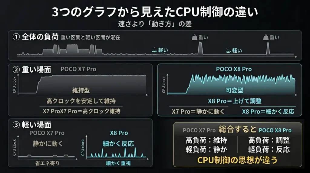 POCO X8 ProとPOCO X7 ProのCPU制御の違いを3つのグラフで整理した比較図。高負荷時と軽負荷時の動き方の差を解説