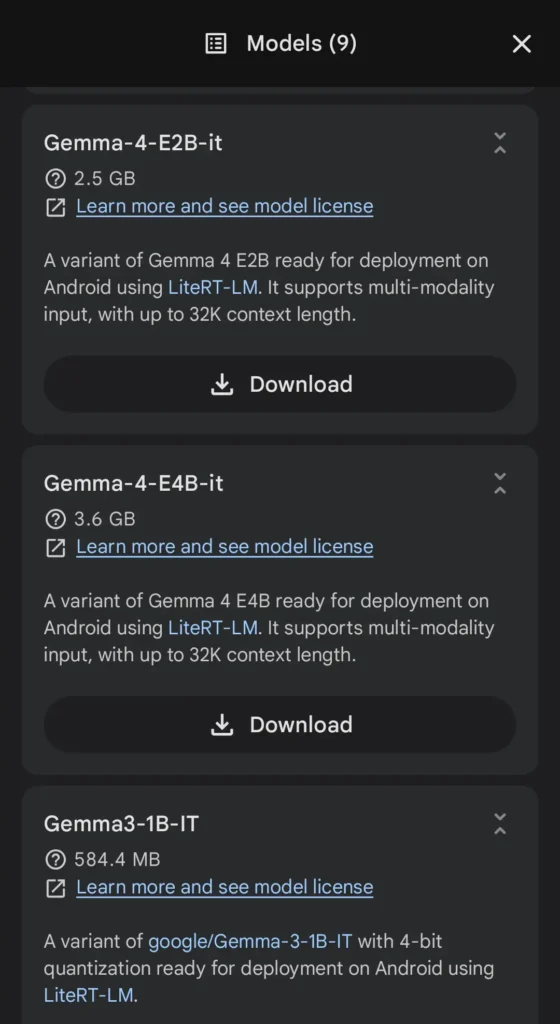 Google AI Edge Gallery Models画面 AIモデル一覧
