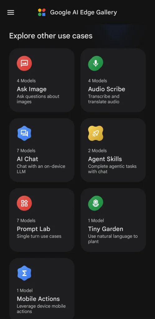 Google AI Edge Gallery 機能一覧 AI Chat Agent Skills 画面 Android ローカルAI