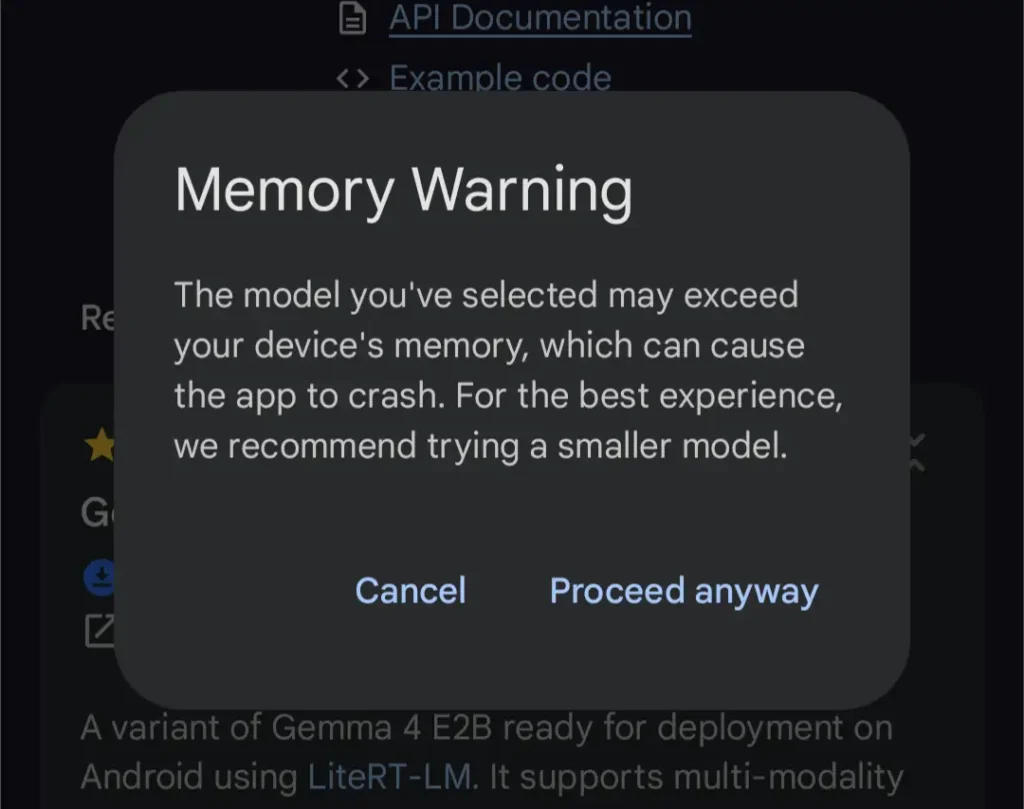 Gemma 4 メモリ警告 Android スマホ RAM不足 warning