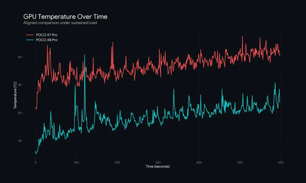 POCO X8 ProとPOCO X7 ProのGPU温度推移比較グラフ。高負荷時の発熱差を時間経過で可視化