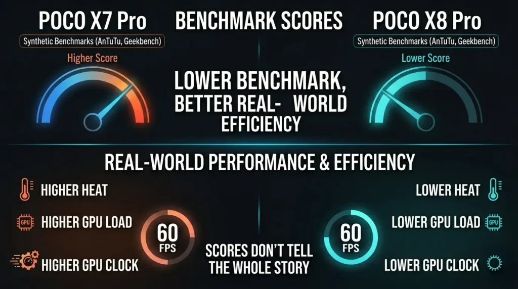 POCO X8 ProとPOCO X7 Proのベンチマークスコアと実使用時の効率差をまとめた比較画像。AnTuTuやGeekbenchでは見えにくい発熱とGPU負荷の違いを解説