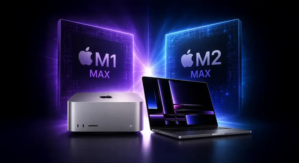 M1 MaxとM2 Maxを背景にMac StudioとMacBook Proを配置したApple Siliconイメージ画像