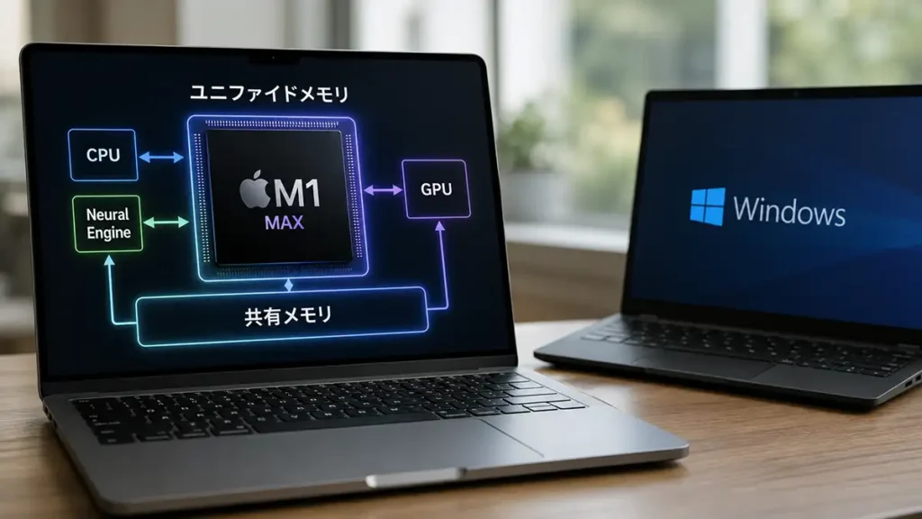 M1 Max搭載MacBook Proのユニファイドメモリ構造と一般的なWindowsノートPCを比較したイメージ