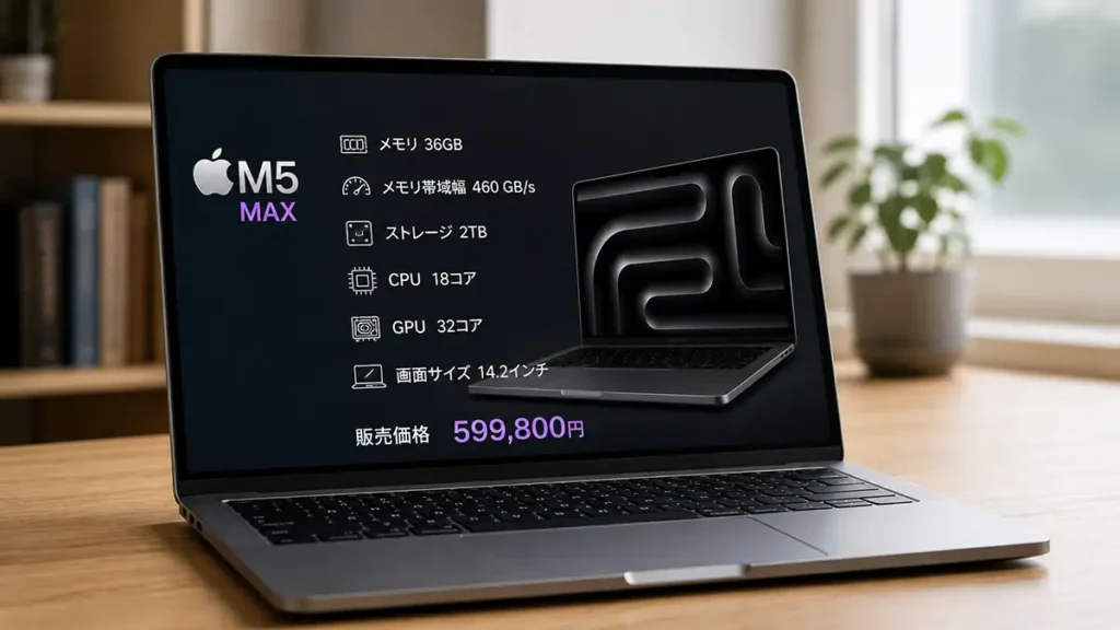 M5 Max搭載MacBook Proのメモリ容量・帯域幅・CPU・GPU構成を紹介するイメージ