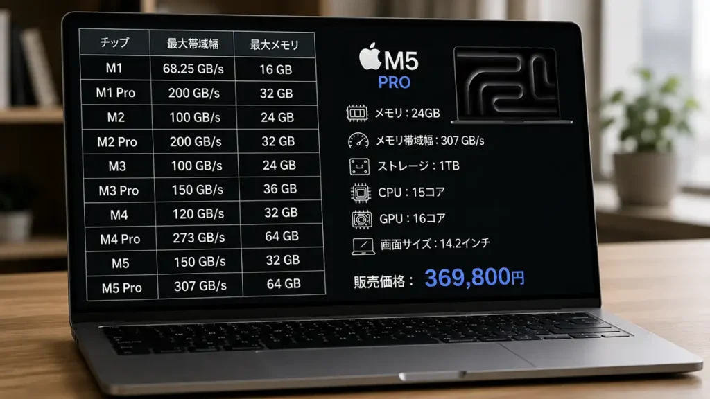 Apple Silicon M1からM5 Proまでのメモリ容量とメモリ帯域幅を比較した一覧表