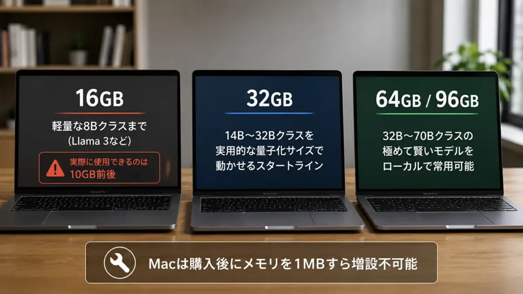 16GB・32GB・64GB以上のメモリ容量ごとに利用できるローカルLLMの規模を比較したイメージ