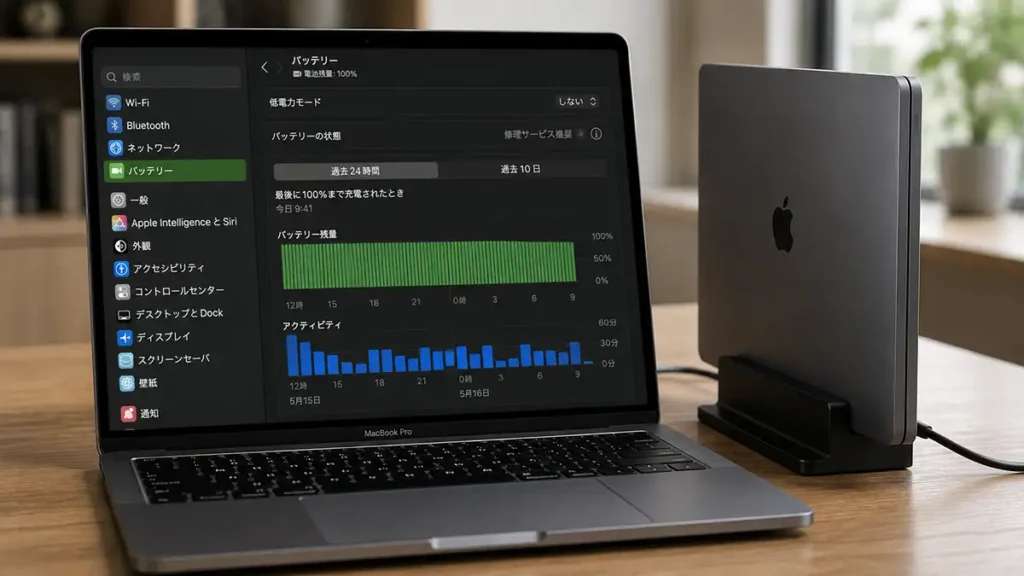 MacBook Proでバッテリー状態や充電履歴を確認している画面と外部ストレージのイメージ