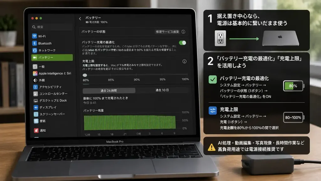 MacBookのバッテリー充電の最適化と充電上限設定を解説する設定画面イメージ