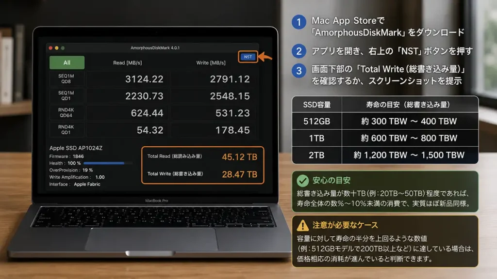 AmorphousDiskMarkを利用してMacのSSD総書き込み量とSSD寿命の目安を確認する方