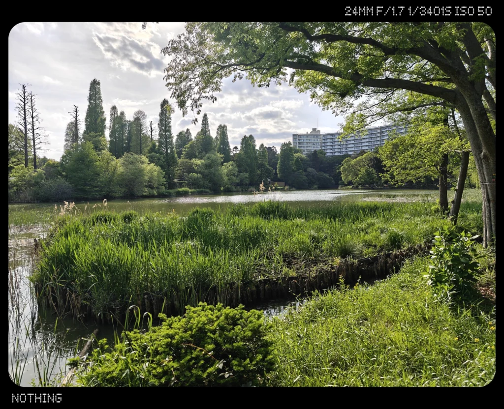 Nothing Phone 3で撮影した屋外風景の等倍カメラ作例。池と木々、水面、建物の描写を比較