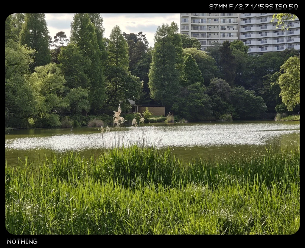 Nothing Phone 3で撮影した3.5倍ズームの屋外作例。池や木々、建物の望遠描写を確認