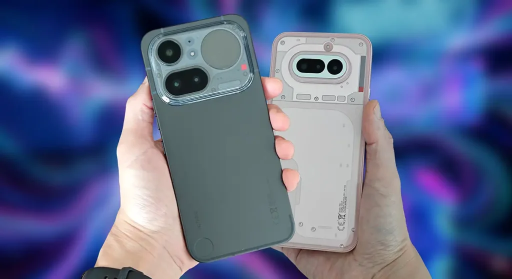 Nothing Phone (4a) ProとNothing Phone (4a)を手に持ち、背面デザインを比較している実機写真