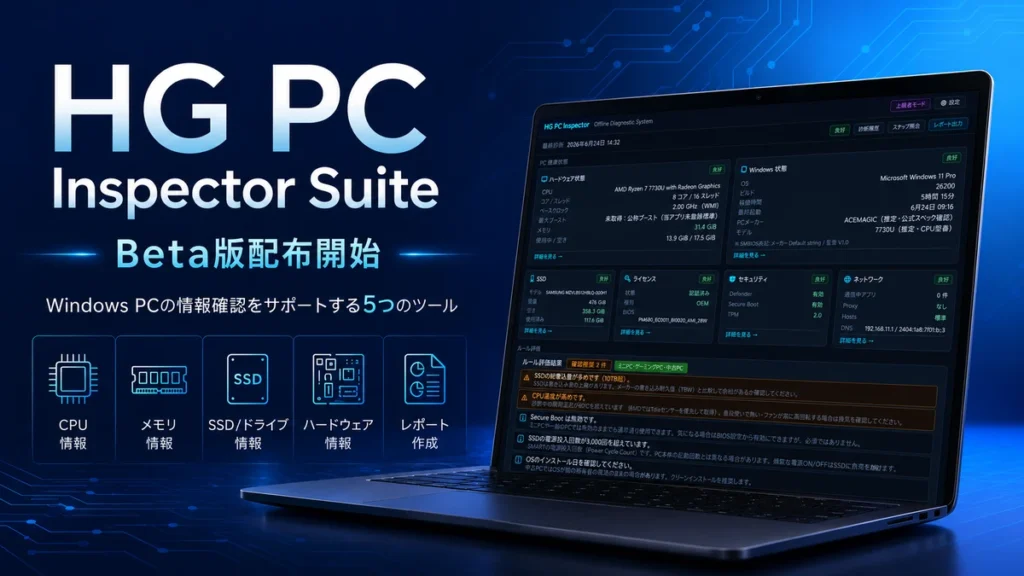 HG PC Inspector Suite Beta版配布開始。Windows PCのCPU・メモリ・SSD・ハードウェア情報を確認できる5つのツール