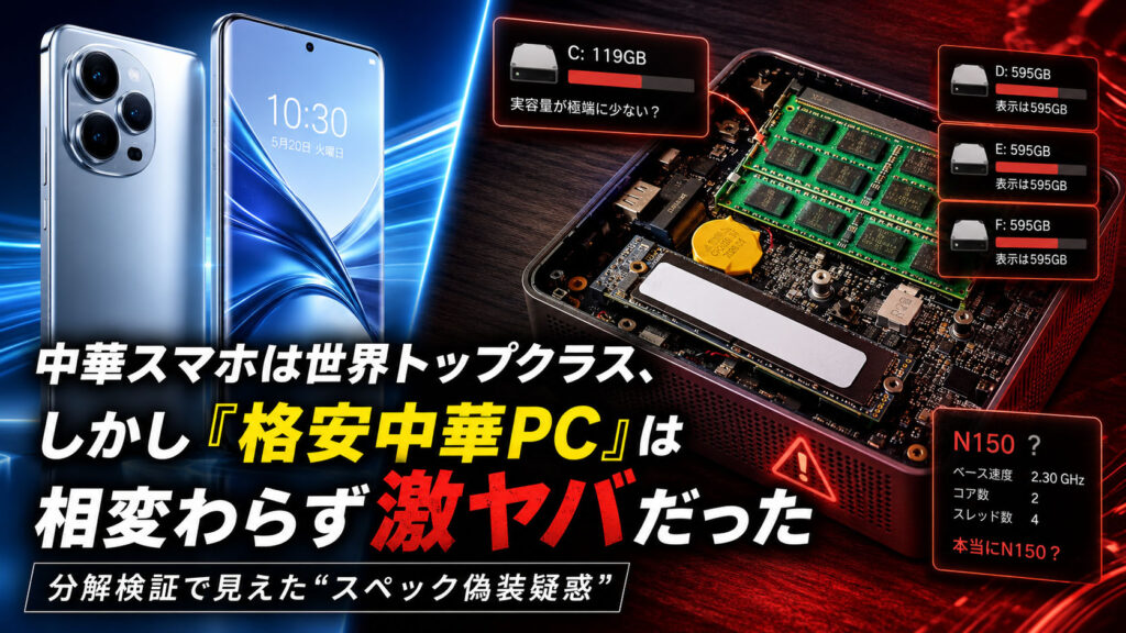 中華スマホと分解した格安中華ミニPCを対比し、CPUやSSDのスペック偽装疑惑を示した記事トップ画像