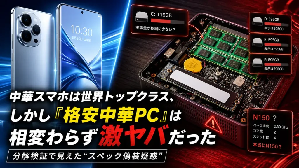 中華スマホと分解した格安中華ミニPCを対比し、CPUやSSDのスペック偽装疑惑を示した記事トップ画像