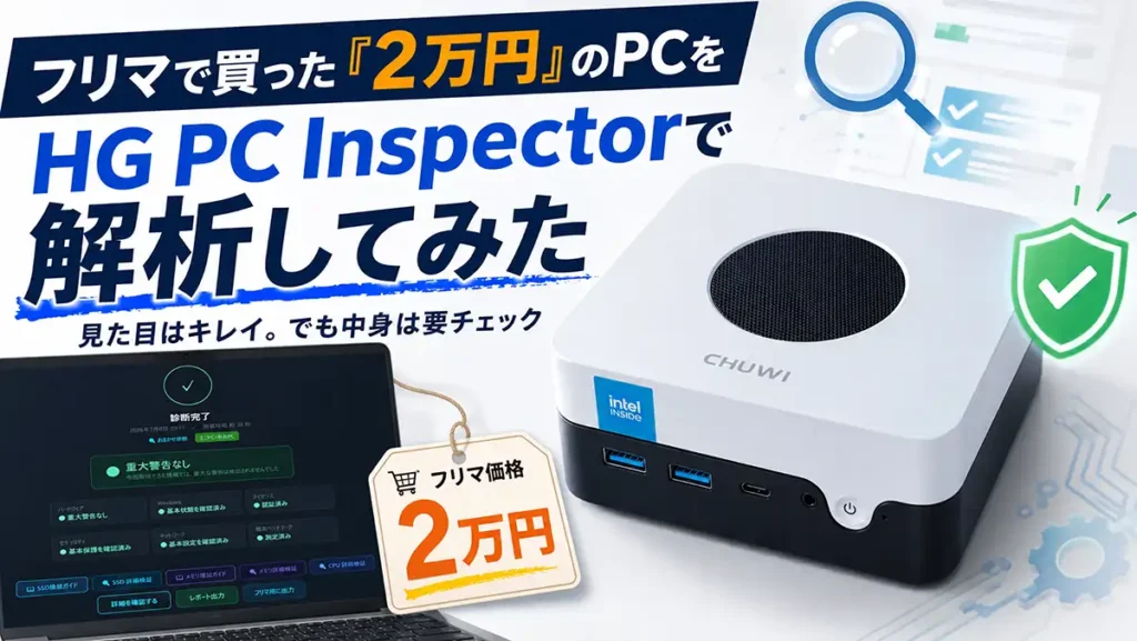 フリマアプリで購入した2万円の中古ミニPCをHG PC Inspectorで解析し、WindowsライセンスやSSD状態などを確認する記事トップ画像。