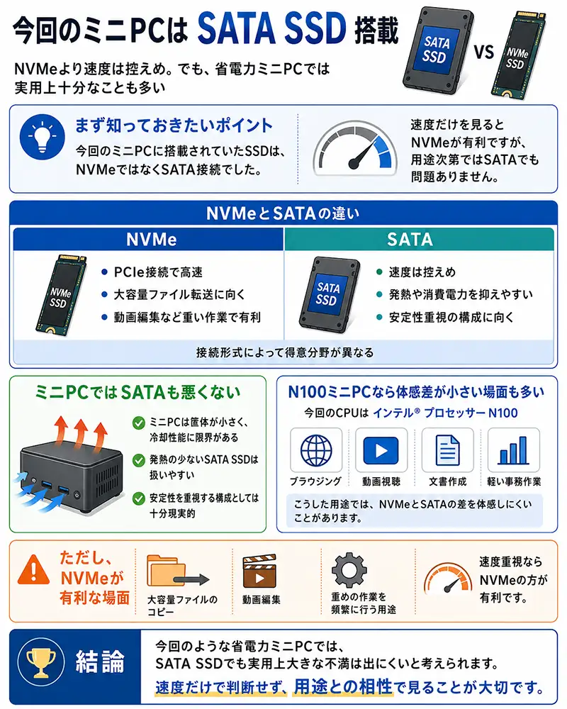 今回のミニPCに搭載されていたSATA SSDについて、NVMe SSDとの速度や発熱、消費電力、用途の違いを比較した図解。