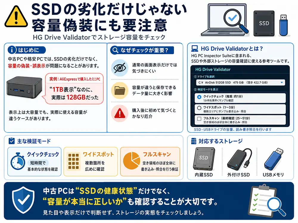 中古PCや格安PCではSSDの劣化だけでなく容量偽装にも注意が必要で、HG Drive Validatorでストレージ容量を確認できることを説明した図解。