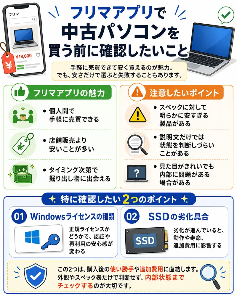 フリマアプリで中古パソコンを購入する前に、Windowsライセンスの種類とSSDの劣化具合を確認する重要性を解説した図解。