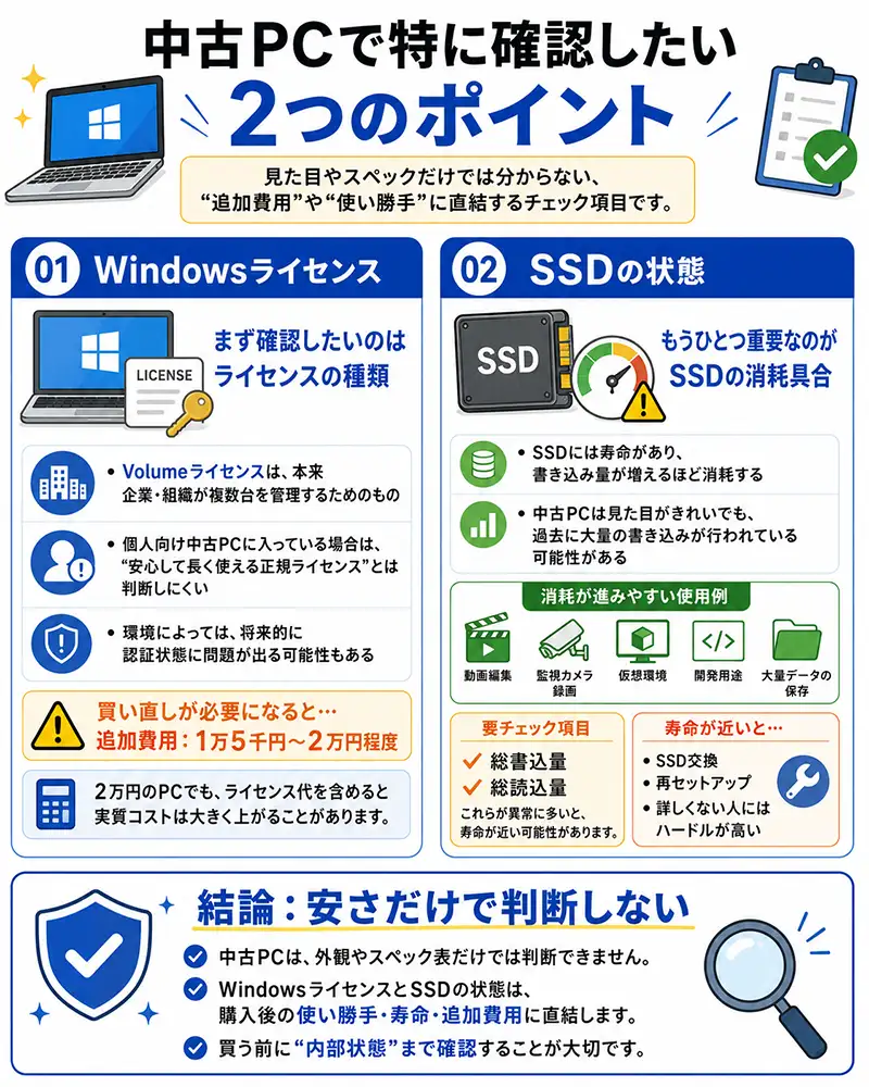 中古PC購入時に注意したいWindowsライセンスの種類とSSDの状態について、VolumeライセンスのリスクやSSD消耗による追加費用を説明した図解。
