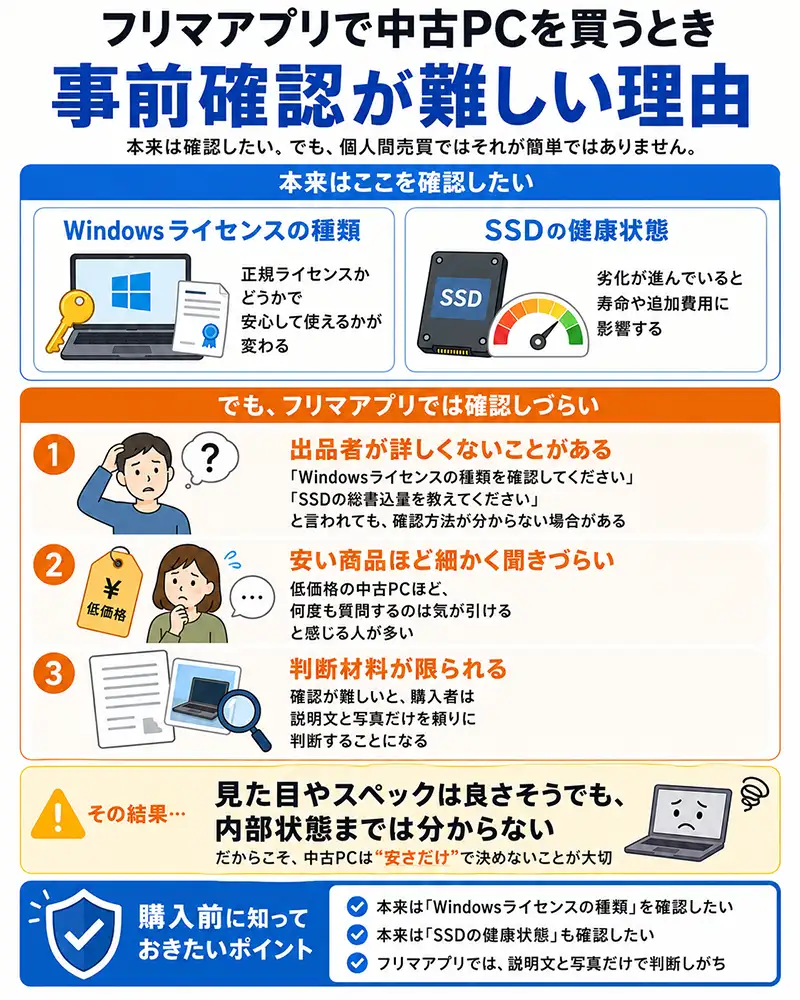 中古PC購入時に注意したいWindowsライセンスの種類とSSDの状態について、VolumeライセンスのリスクやSSD消耗による追加費用を説明した図解。