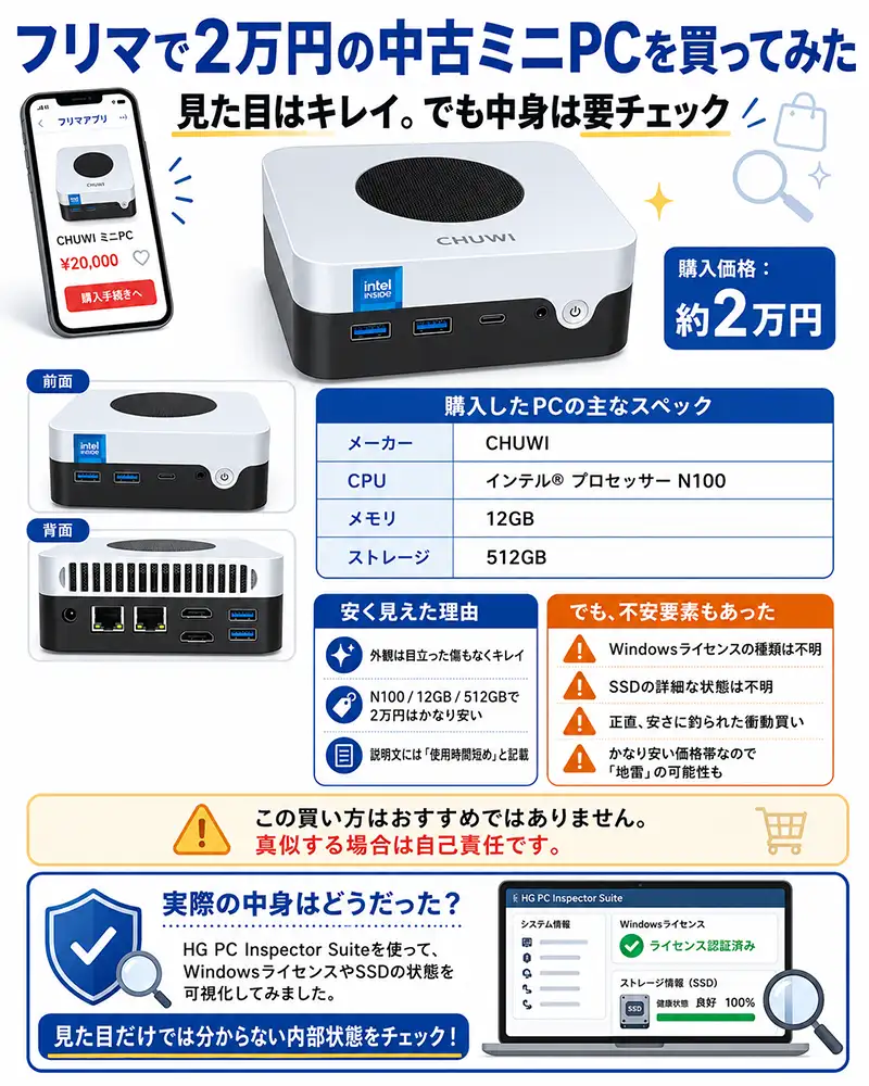 中古PC購入時に注意したいWindowsライセンスの種類とSSDの状態について、VolumeライセンスのリスクやSSD消耗による追加費用を説明した図解。