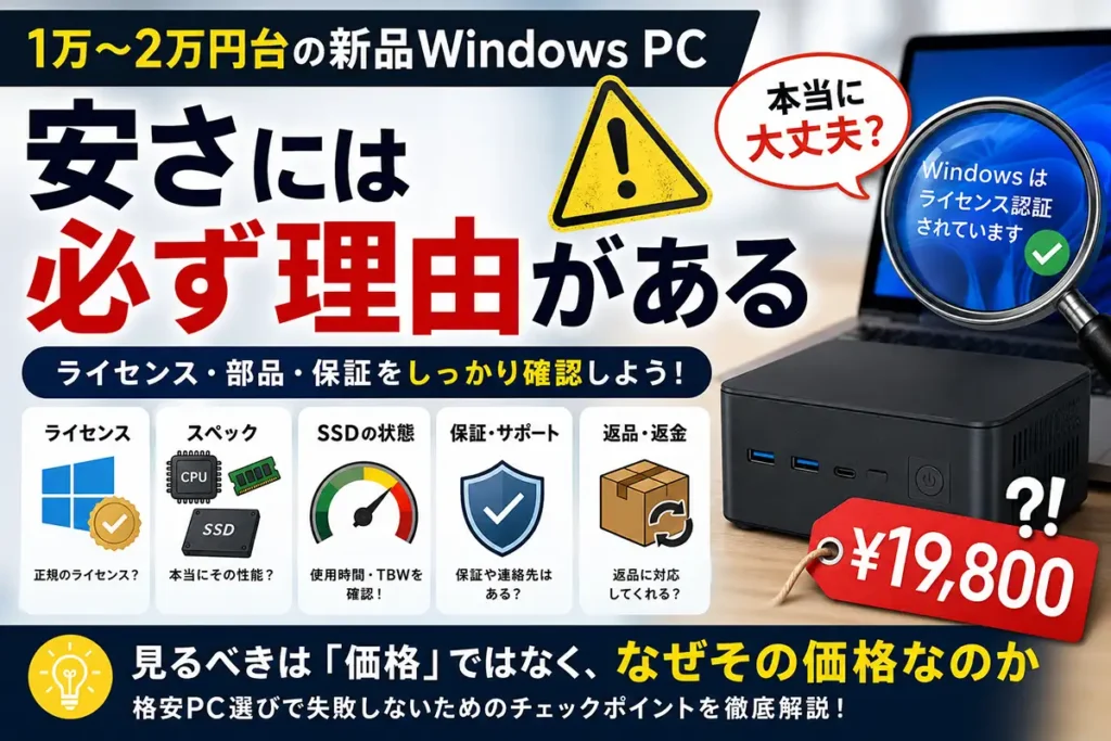 1万〜2万円台の激安Windows PCに潜むリスクと確認ポイントを解説するイメージ画像。ライセンス、スペック、SSDの状態、保証、返品対応などを確認し、価格だけで判断しない重要性を示している。
