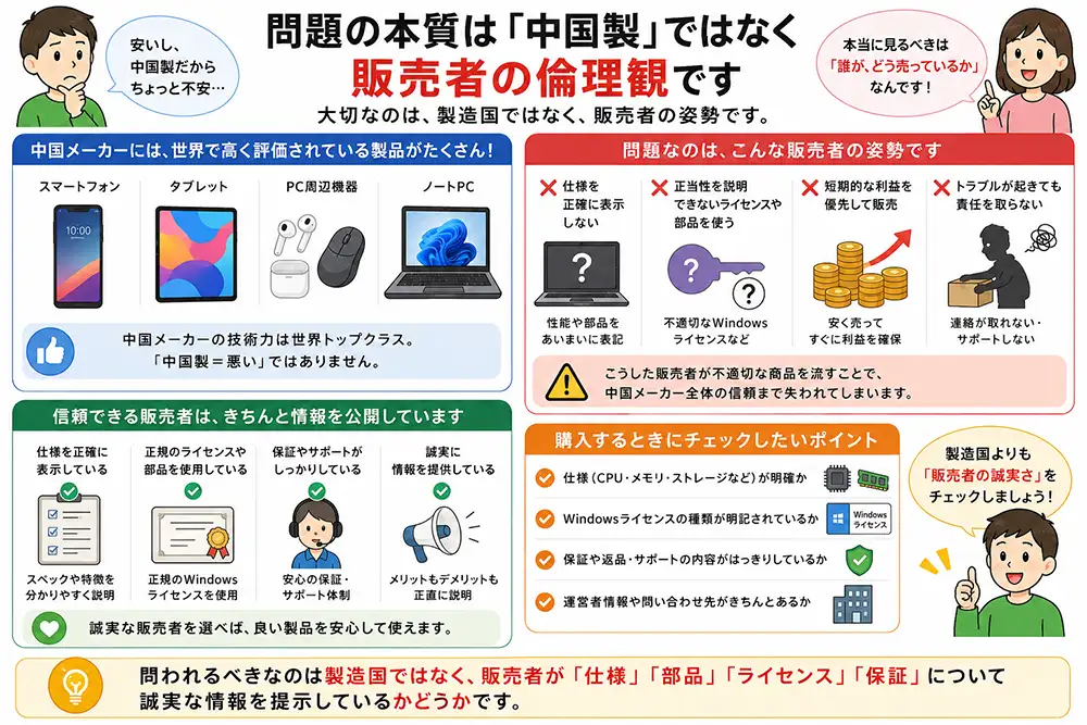 中国製品そのものではなく、ライセンスや部品情報を適切に説明しない販売者に問題があることを解説した図解
